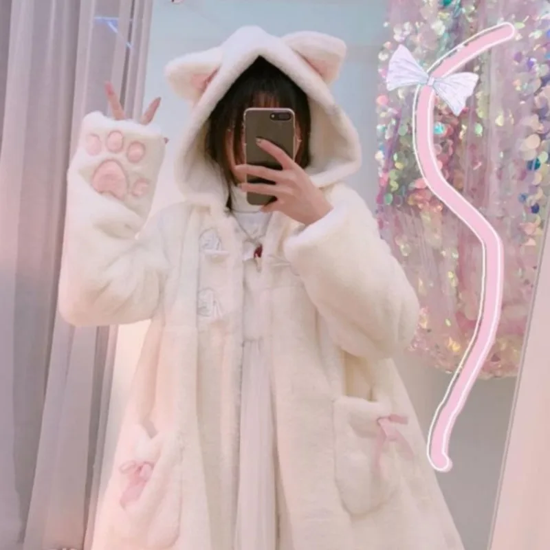 Winter Jacket Women Lolita Fleece-lined Thickened Girl Soft Fabric Kawaii Cat Ear Hat Claw Cute Plush White Coat Youthful Parka kawaii cute plush cat claw paw gloves for girl novelty hand warmer flip half finger gloves winter fingerless bear cat gloves