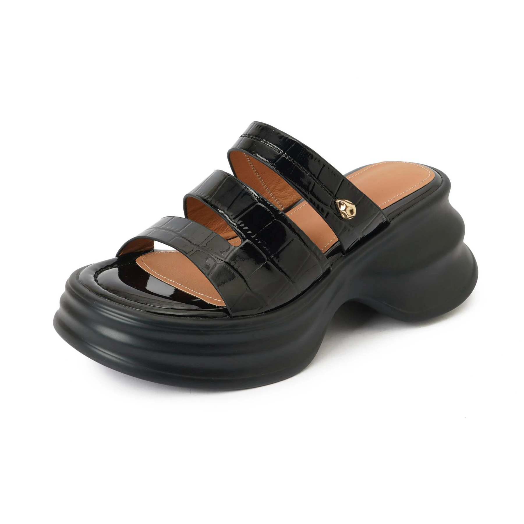 Lanxuryee Cow Leather Slip On Summer Shoes Slingback Mules High Heels Slippers Comfort Concise Ins Casual Platform Women Sandals