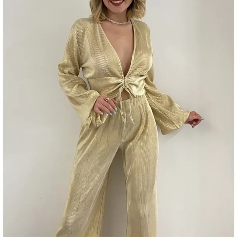 Women's Autumn Fashion V-neck Puff Sleeve Top & Wide Leg Pants Set Casual Elegant Two Piece Sets Outfits for Women Trousers Suit