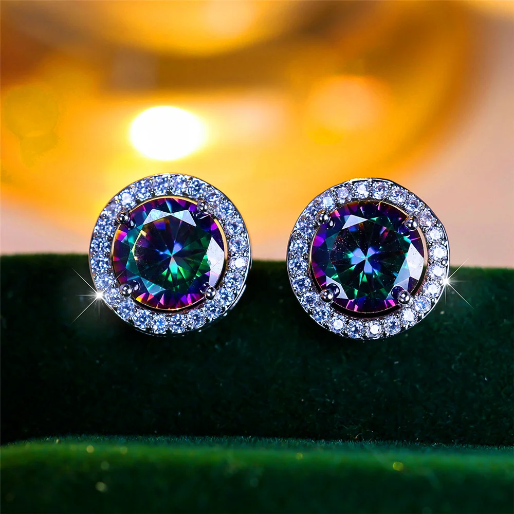 Luxury Female Crystal Purple Black Round Stud Earrings Silver Color Wedding Jewelry For Women