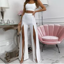 

Pants Women Sexy Clubwear High Slit Flare Pants Women Bottoms White Black High Waist Trousers Female Bell Bottoms Casual