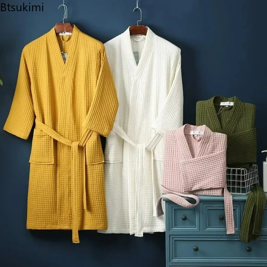 Men's Cotton Terry Robe for Spring and Summer Thin Morning Robe Long Sleeve Waffle Bathrobe Hotel Beauty Bath Towel for Couples