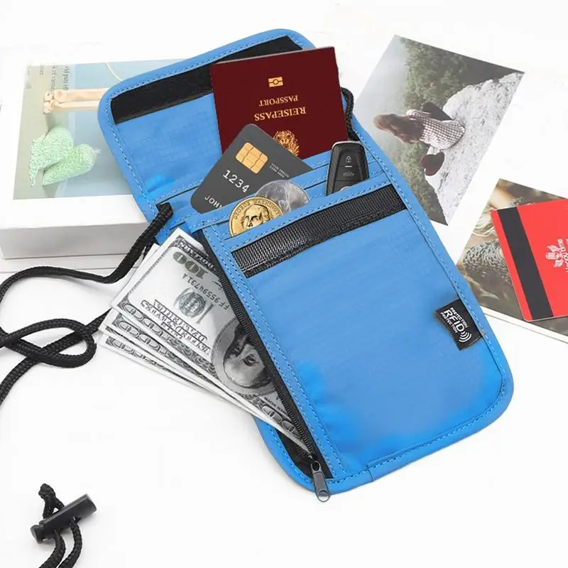 Passport Wallet RFID Blocking Neck Pouch Card Holder Pickpocket Proof Bag With Adjustable Neck Strap For Passport Document Phone 4