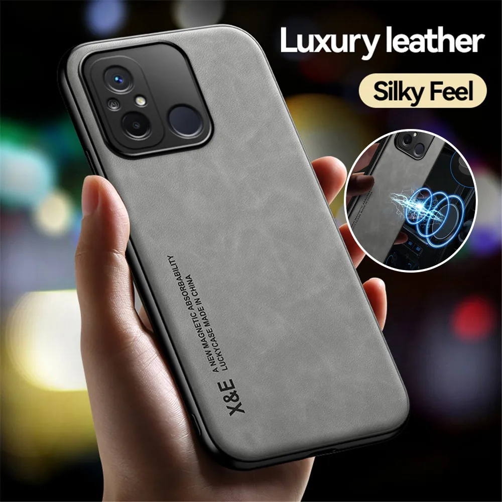 For Xiaomi Redmi 12C Case Sheepskin Leather Back Cover Redme 12C 12 C C12 4G 6.71" Redmi12C Car Magnetic Holder Shockproof Coque_voghion.com