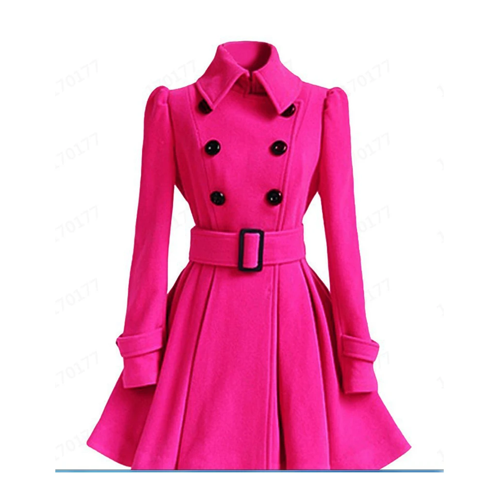 Elegant Double-Breasted Slim Woolen Coat with Belt for Women