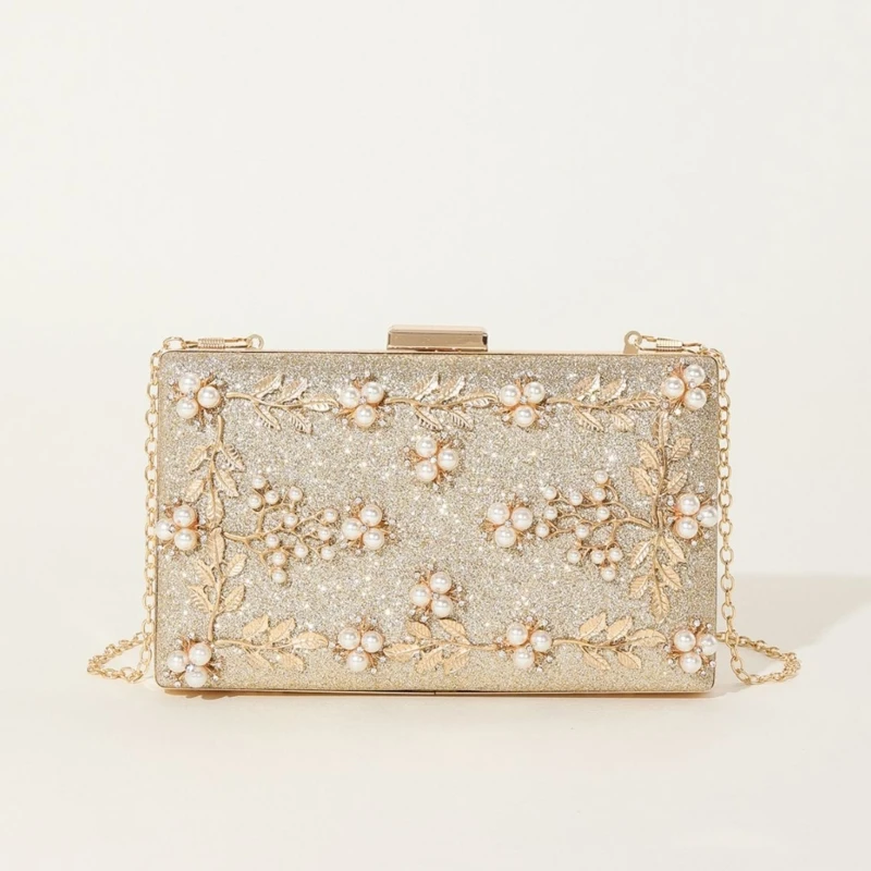 

Shoulder Bag for Girl Women Beaded Leaf Metal Gold Evening Bag Lady Purse Clutch