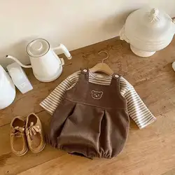 Body en velours côtelé pour bébé, combinaison sans manches, mode ours brodé, salopette pour garçons et filles, printemps automne 
