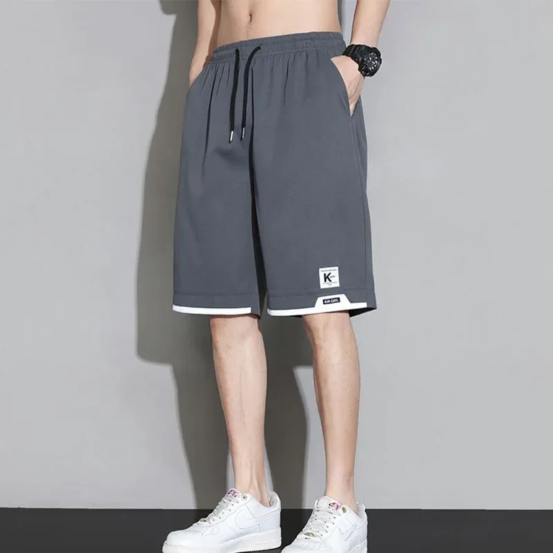Summer Casual Versatile Loose Sports Shorts Men Panelled Elastic Waist Drawstring Patchwork Pockets Straight Five-Point Pants 3