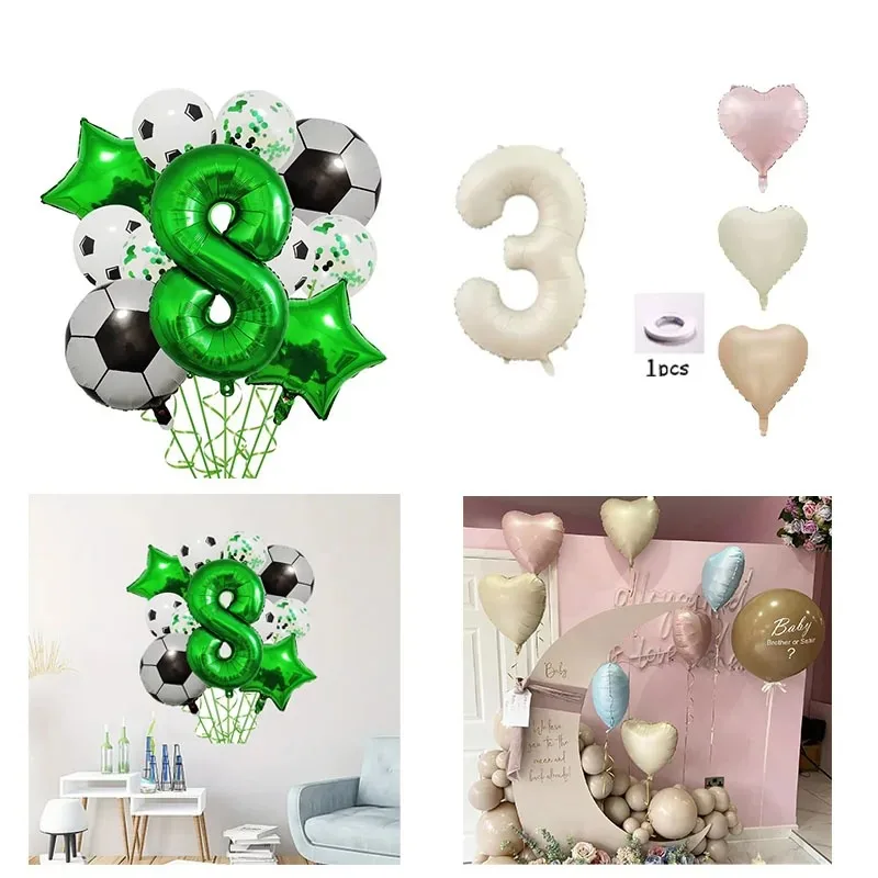Set of Helium Foil Soccer Balloons Green Number Ball Birthday Party Decorations for Kids Sports Theme Celebration Supplies