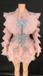 Sparking Diamonds Crystal Sexy Mesh See Through Bodycon Mini Dress Women Birthday Party Celebrate Performance Costume