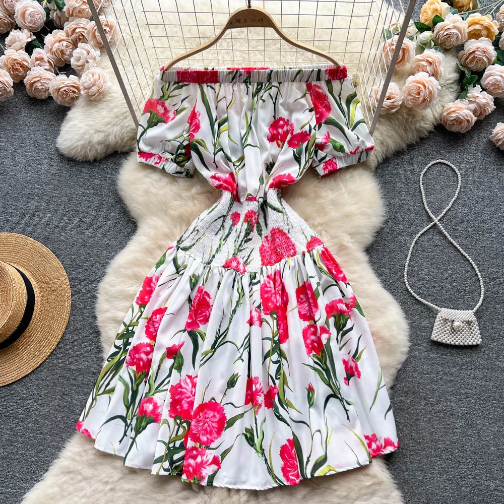 

Women Elegant Vintage Floral Print Dress 2023 Summer Short Sleeve Off Shoulder Dress Shirred Elastic Waist Beach Holiday Dress