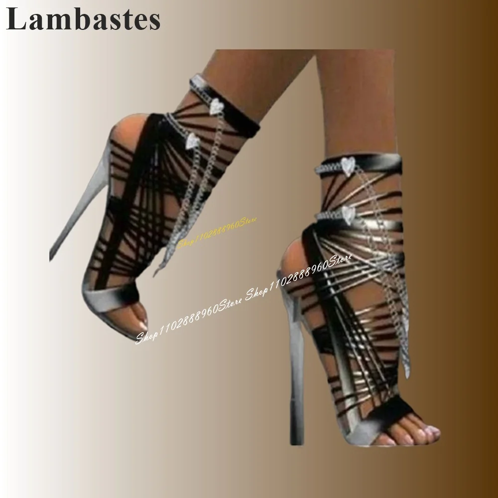 Gekruiste Band Gemengde Metalen Ketting Holle Sandalen Dunne Hoge Hak Vrouwen Schoenen Zij Rits Open Teen 2024 Sexy Zapatos Para Mujere