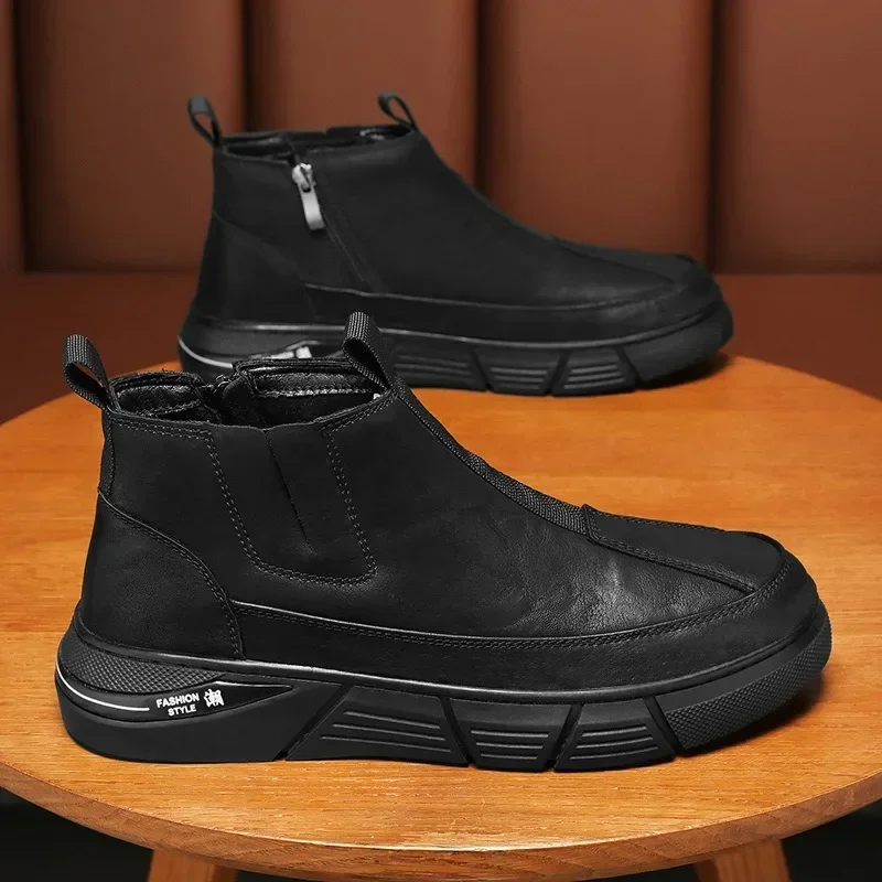 Men Sneakers Leather Shoes High-top Boots Anti-slip Wear-resistant Waterproof Motorcycle Men Safety Boot Chelsea Bota Masculina - 3