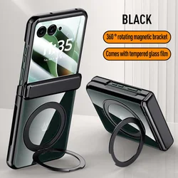 Magnetic Transparent Tempered Glass Case with Metal Ring Holder and Spring Hinge Cover - Motorola razr 2024 (Black)