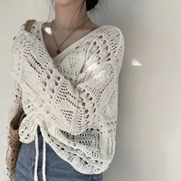 Special Large Size 300 Pou Women's Knitted Hollow out V-Ne T Top with Dstring Spring Faionable Ele