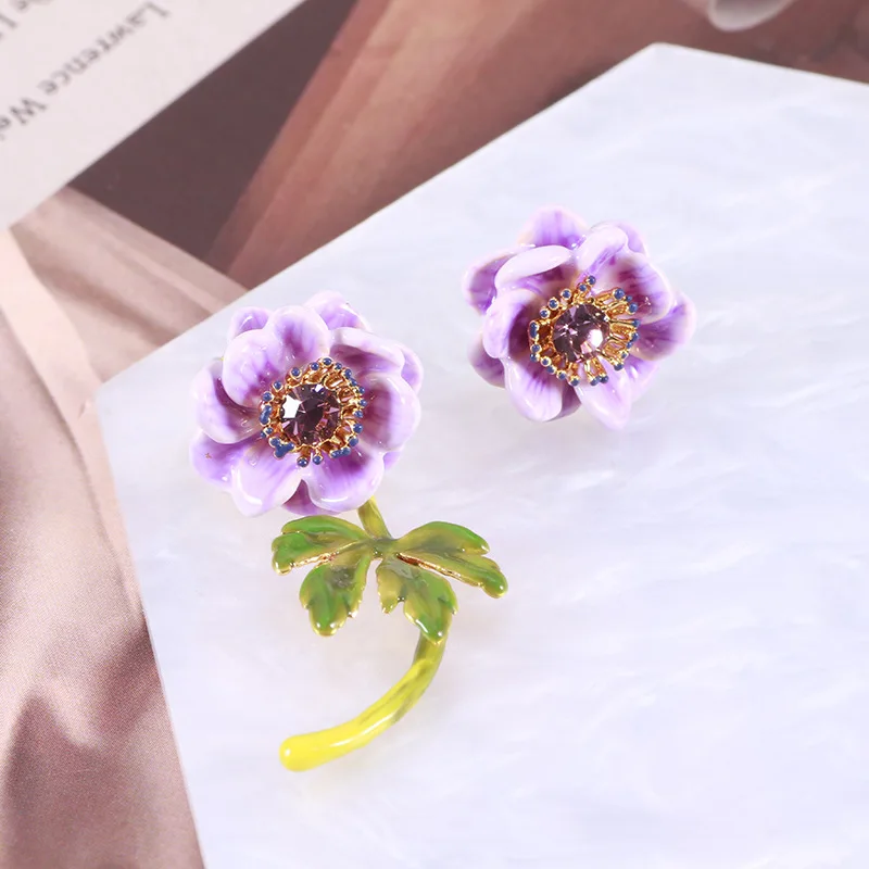 Wholesale Jewelry Enamel Colored Glaze Sparkling Diamonds Purple Flowers Lotus Green Leaves Asymmetrical Sweet Earrings Necklace