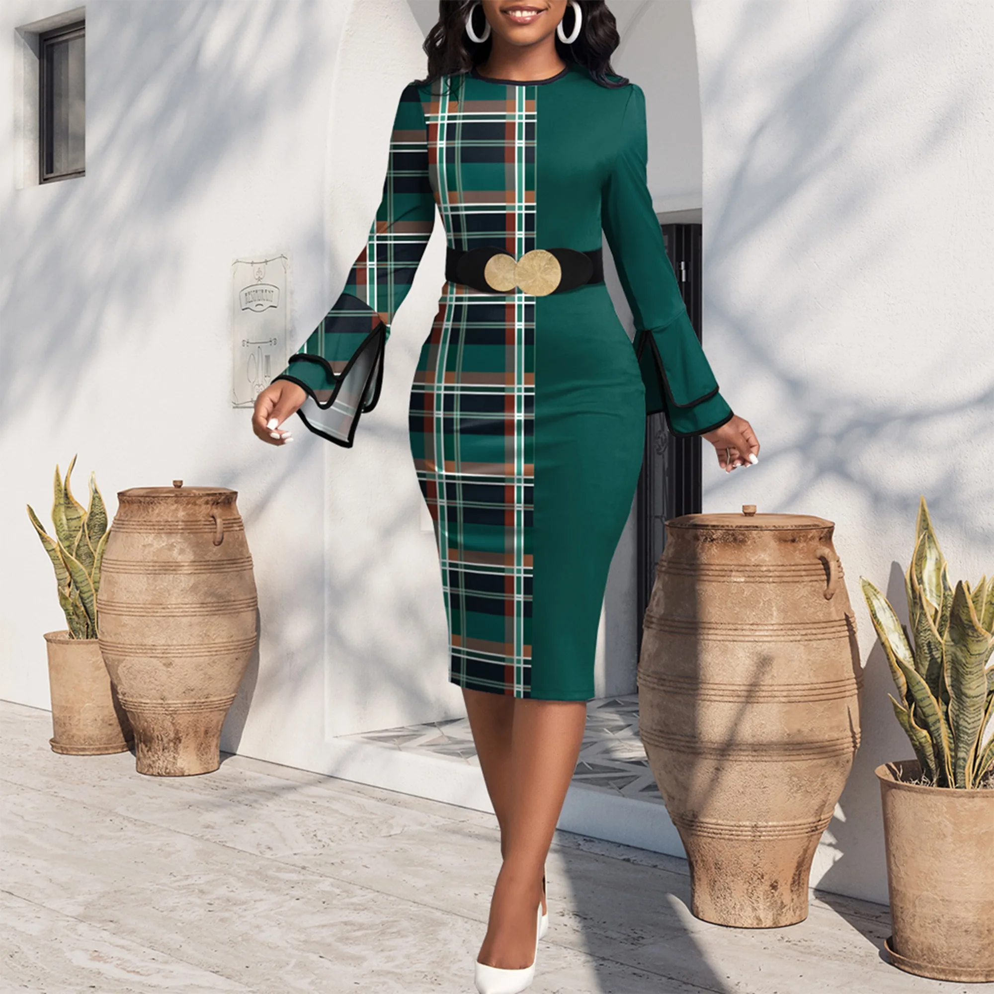 

Женское офисное платье составного кроя, элегантное платье миди с рукавами-фонариками и круглым вырезом, 2023