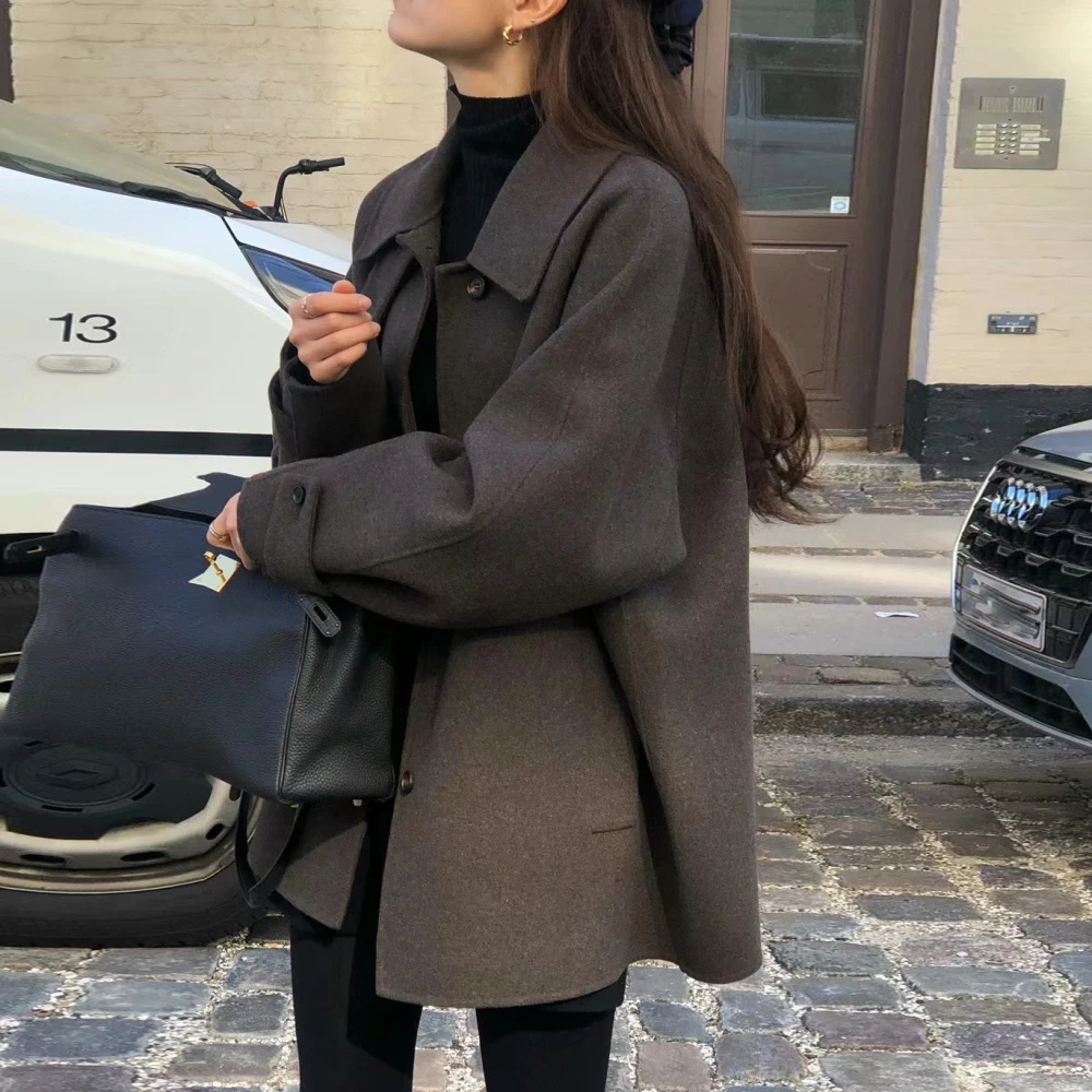 Women\'s Fall Winter Vintage Wool Blended Trench Coat Jacket Lapel Collar Single Breasted Woolen Overcoat Outerwears 2023