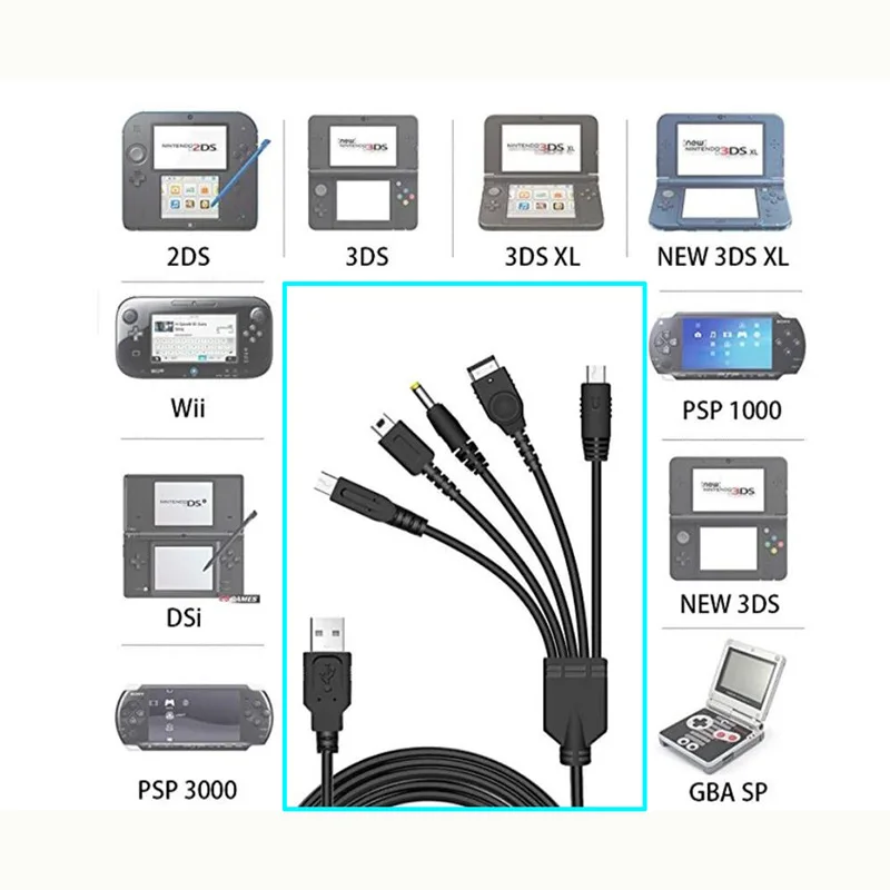 Charging Cable 5 in 1 for Nin-tendo Wii U/NEW 3DSXL/NEW 3DS/NDS LITE SP/PSP/GBA SP Nin-tendo