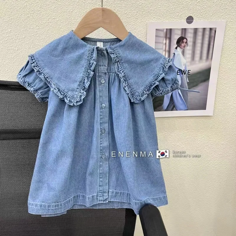 Children's Dress Summer Girl's Fashionable Bubble Sleeves Denim Dress Baby Cotton Short Sleeves Flip Collar Princess