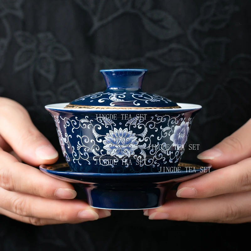 170ml Jingdezhen Blue and White Porcelain Covered Bowl Ceramic Cups High End Household Lid Bowl with Three Talents Tea Bowl