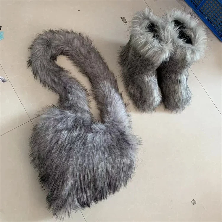 Winter Women Faux Fur Boots And Bag Set Furry Warm Snow Boots Cute Heart-shaped Fur Handbag Love Bag Girls Platform Plush Boots