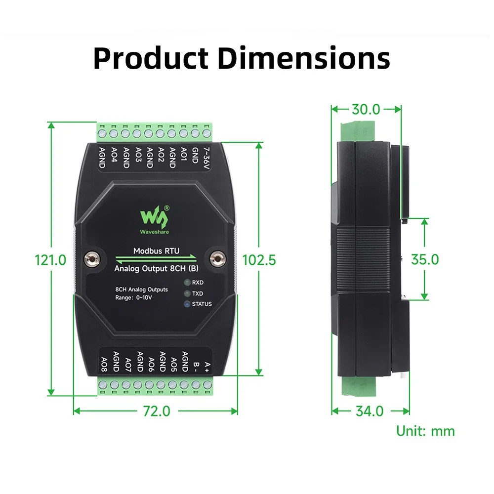 Waveshare 8-Kanal Analogausgangsmodul Industriequalität 12-Bit DA-Konvertierung Modbus RTU Protokoll für SPS-Systeme – Detail 5