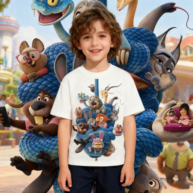 Kids Short Sleeve T-shirt with Zootopia 2  Pattern, Outerwear or Layering Top for Summer and Fall Seasons, Shirt for Boys Girls