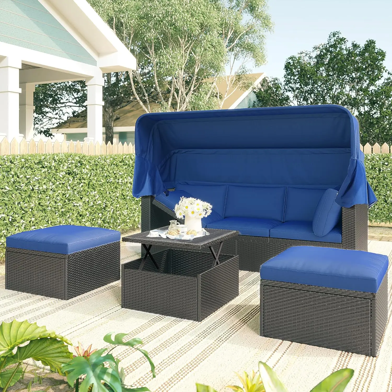 

Outdoor Patio Furniture Sofa Daybed with Retractable Canopy, Ottoman and Washable Cushions, Wicker Rectangle Couch Sets