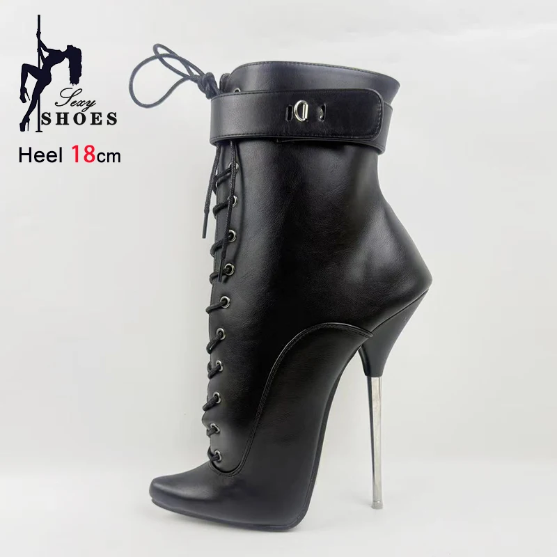 Extreme high heel 7'' Women Sexy Ballet Boots Ankle Lockable Matte PU leather Party Shoes Female Metal heel Pointed Short Boots
