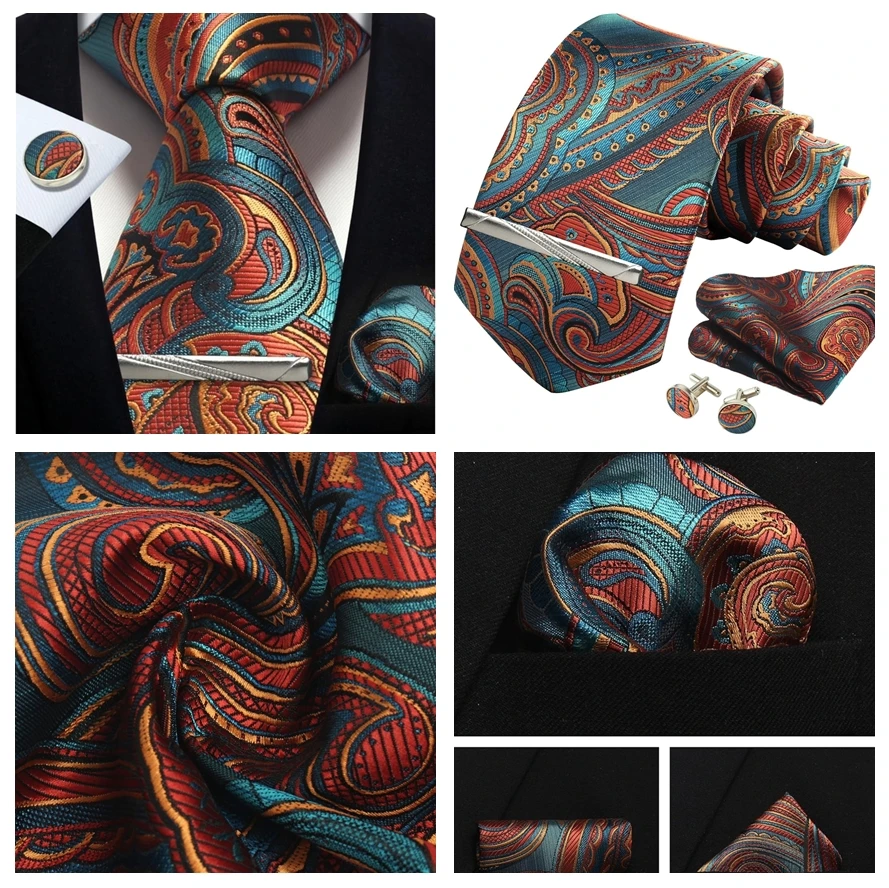 Herren Gold schwarz Paisley Seide Krawatte für Männer Luxus Geschenk klassische Krawatte Taschentuch Manschetten knöpfe Krawatten klammer Set formale Hochzeit Accessoires – Detail 15