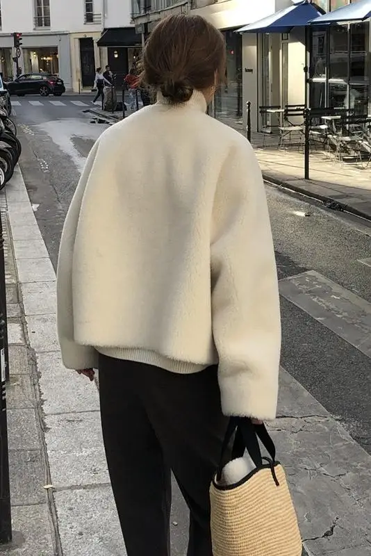 Berber Fleece Women Faux Fur Coat White Long Sleeves Turtle Neck Removable Collar Single Breast Side Pockets