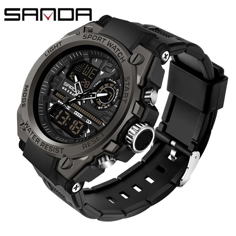 2022 SANDA Quartz 5ATM Waterproof Men Clock Sport Dual Display Electronic Watch Top Brand Military Men's Watch Relogio Masculino 