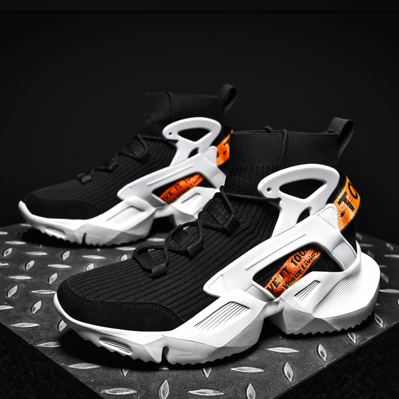 Light Men Sneakers High Top Sock Shoes Breathable Sports Walking Shoes Thick Bottom Men Casual Large Size 39-46