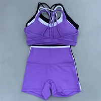 Ensemble de Yoga et vélo de Sport de couleur unie, Legging court + soutien-gorge de Sport croisé, survêtement athlétique pour femmes, entraînement complet, Jogging 2