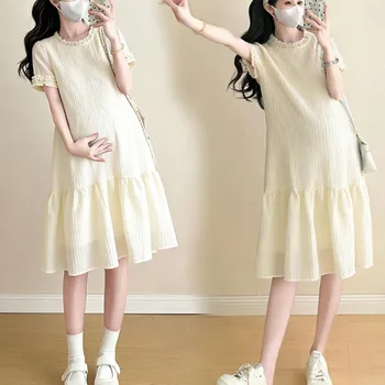 Maternity Dress Casual Style Loose Cool Slimming Comfortable Knitted Midi Dress round Neck Short Sleeve High Waist