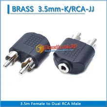 3 5 mm Female to Dual RCA Male audio and video adapter connection lotus head RF Connector AV tanie tanio CN (pochodzenie) 3 5mm-K RCA-JJ Jack nickel plated brass with a high quality PTFE insulator 50 Omega Brass Nickel plating