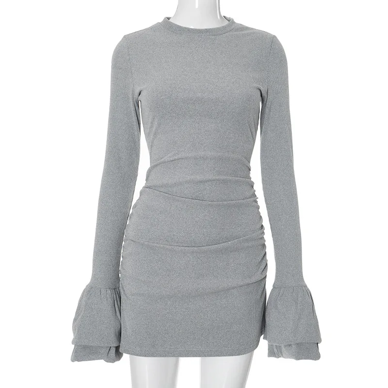 Autumn Ruffled Fashion Mini Dress Female High Waist Patchwork Long Sleeve Skinny Ribbed Bodycon Dress Women's Solid Dress