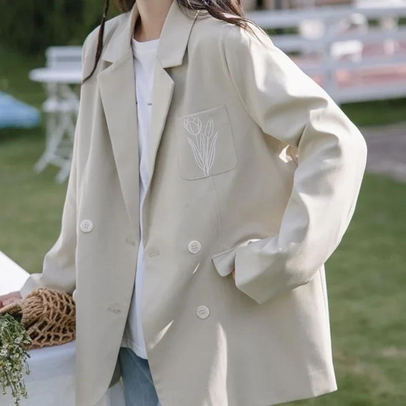 DAYIFUN Casual Blazers Women's Spring Autumn 2024 New Solid Color Long Sleeved Suit Jacket Hong Kong Style High-end Feeling Tops