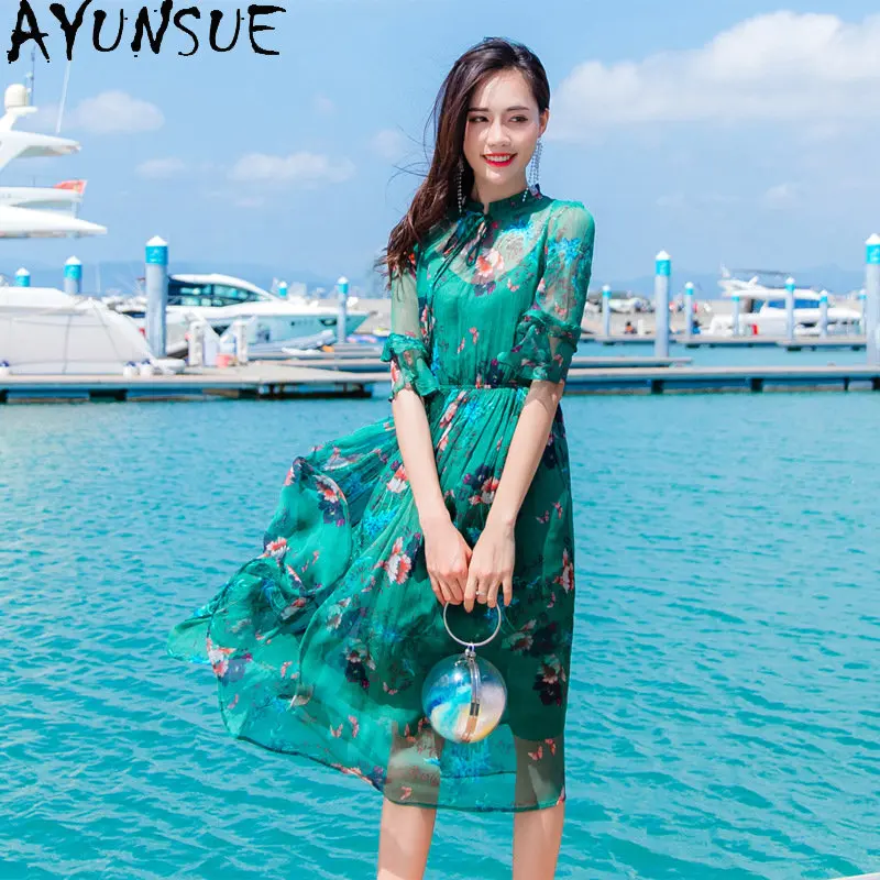 

Elegant Green 100% Mulberry Silk Dress Women's Clothing Fashion Fragmented Floral Long Dresses for Women Korean Fashion Clothes