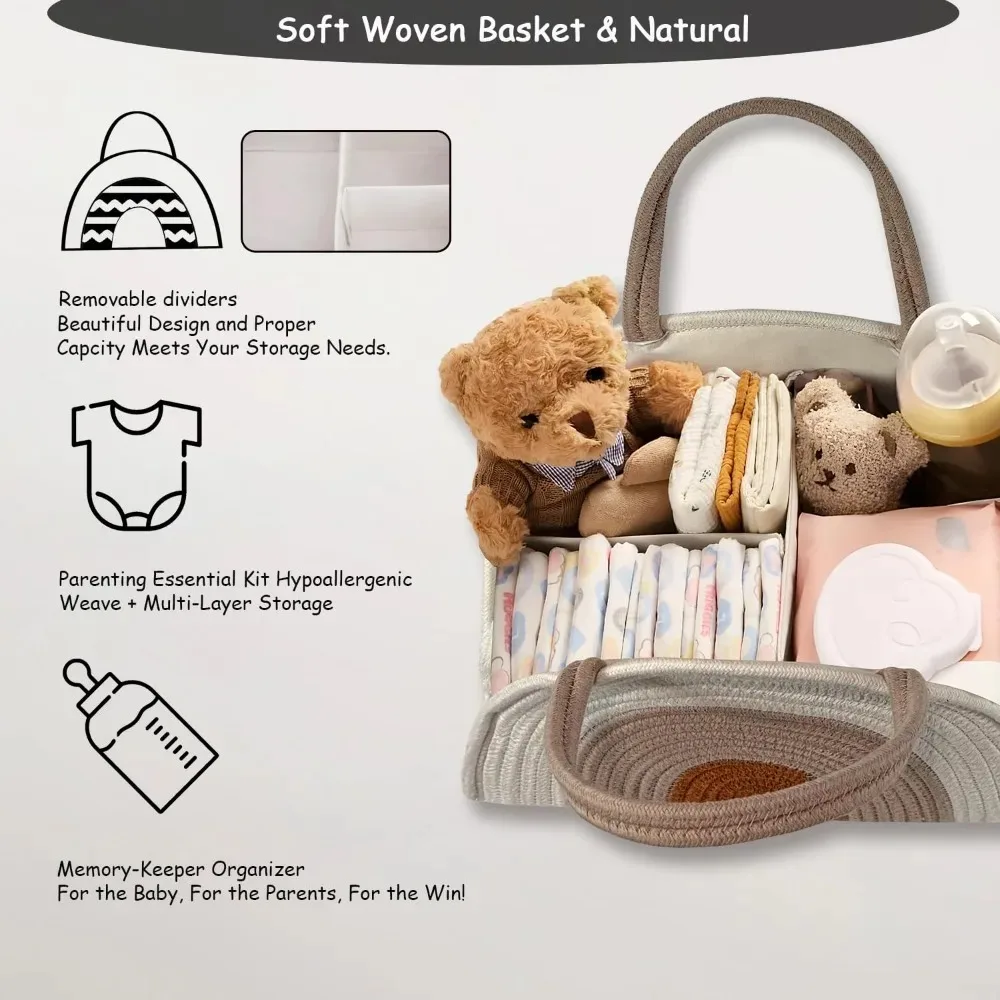 Diaper Caddy Organizer with Gift Bags and Ribbons - Sturdy Cotton Rope Basket for Baby Girl & Boy Newborn Essentials
