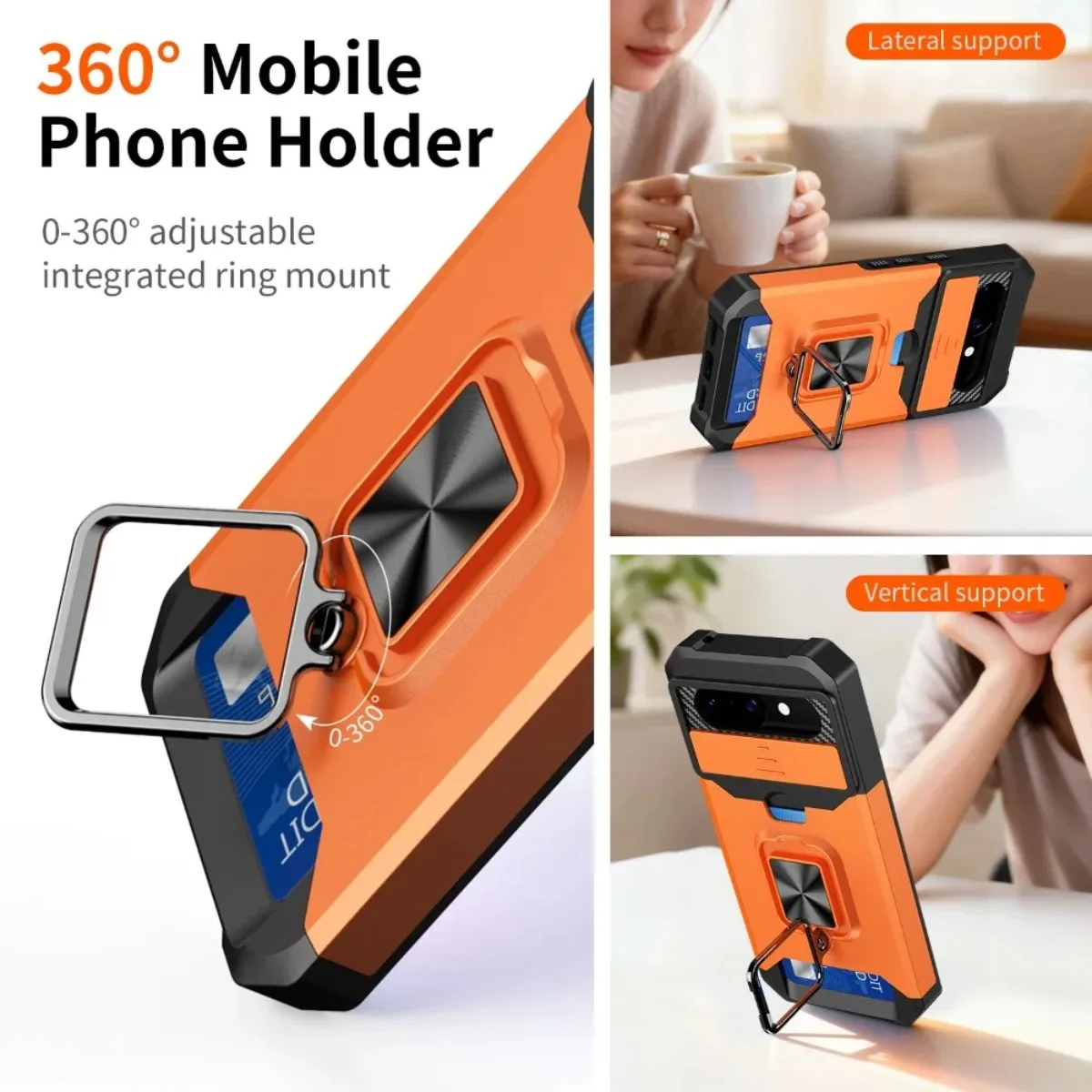 Card Slot Ring Holder Kickstand Armor Phone Case with Slide Camera Cover