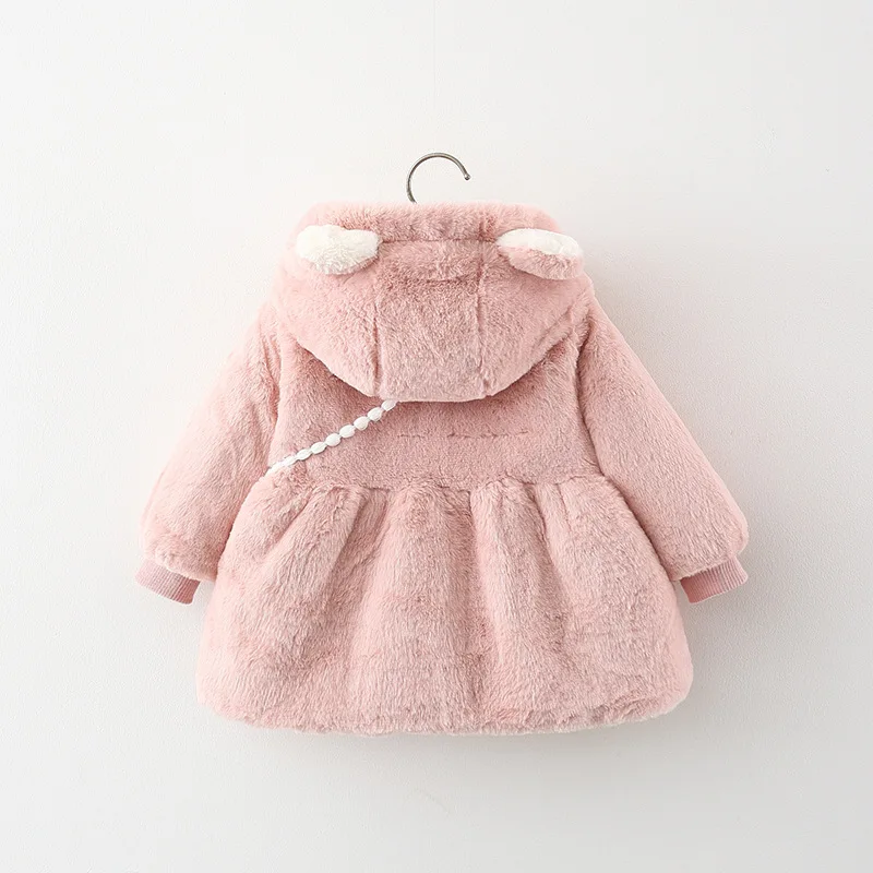 Baby girl's winter new jacket, girls' hooded thick fur jacket cartoon teddy bear cotton jacket 0-3 years old