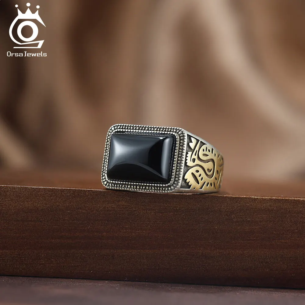 ORSA JEWELS S925 Sterling Silver Fashion Black Agate Ring for Men Gift Retro Gold Plated Finger Ring Party Hip Hop Jewelry NMR16 - Image 3