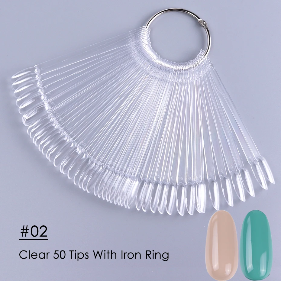 50pcs False Nail Display Tips Clear Nature Color Chart Oval Fan Style UV Gel Polish Swatch Shows Palette Practice Manicure Tools