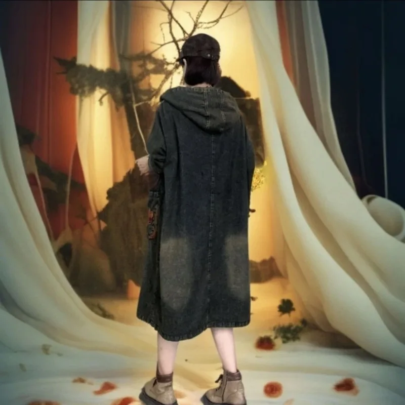 100Kg Can Be Worn in Autumn New Fried Color Retro Denim Long Trench Coat Fashionable Loose Large Size Women's Clothing