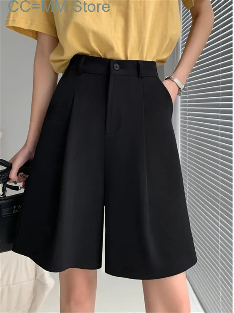 New Suits Shorts for High Waisted Office Ladies Wide Leg Shorts Korean Fashion Casual Knee Length Black Shorts