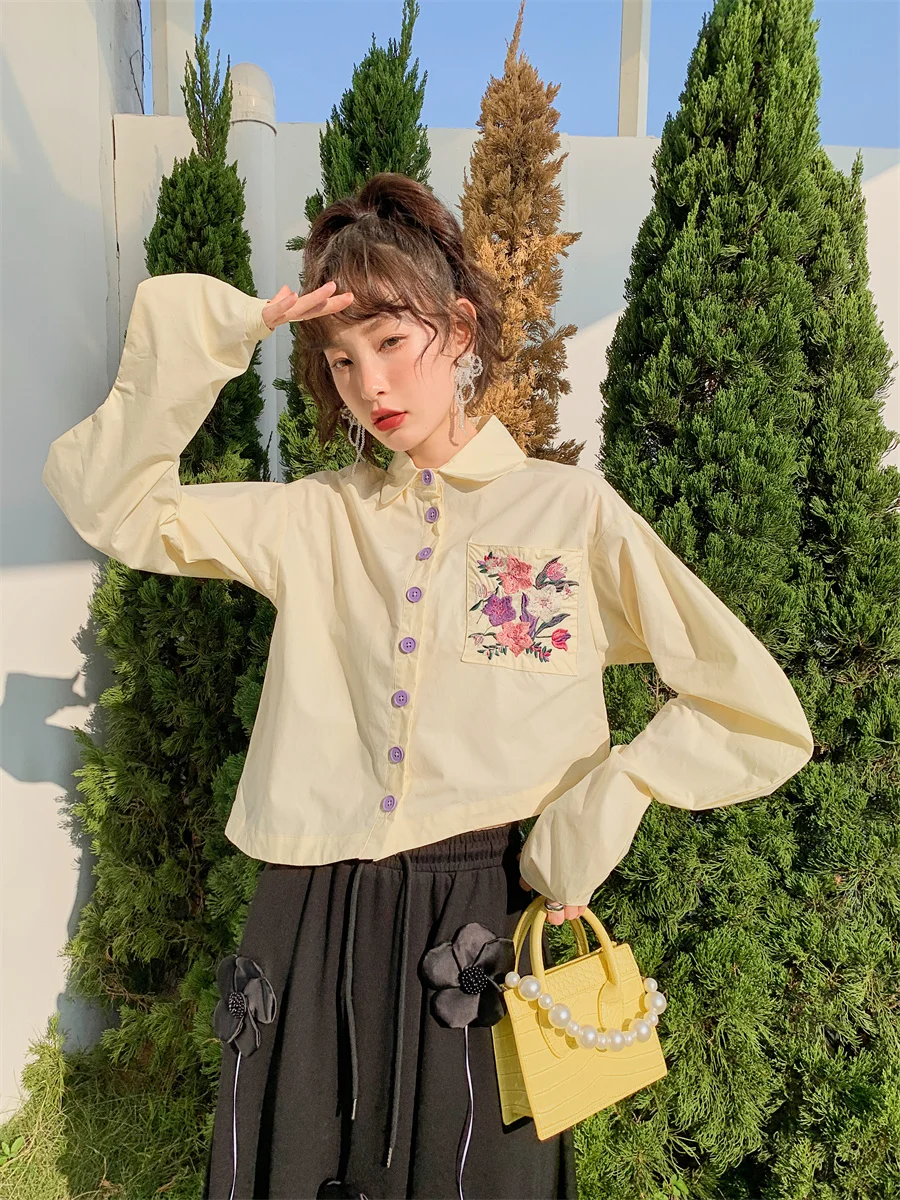 

ZCSMLL Vintage 2022 Fashion Women Floral Embroidered Crop Shirt Long Sleeve Asymmetrical Top Button Up Collared Shirt Blouse