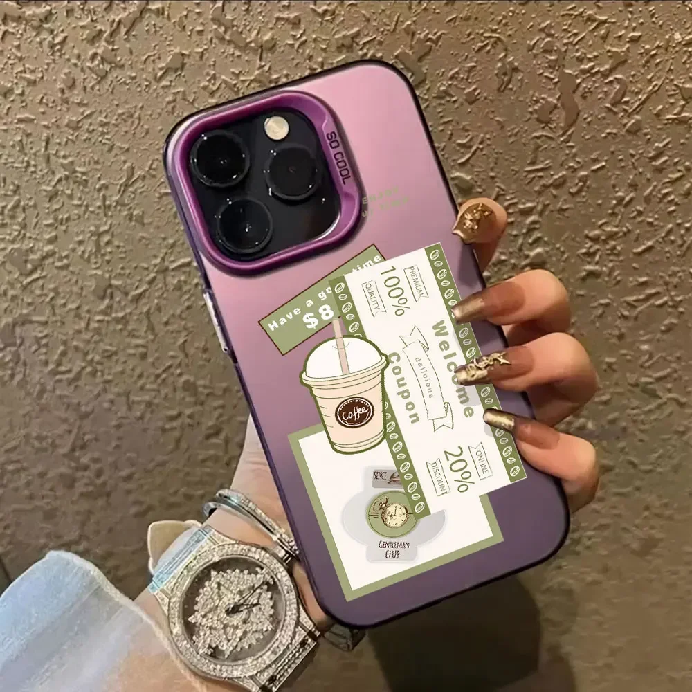 Trendy Luxury Silver Matte Shockproof Phone Case with Coffee Label Design