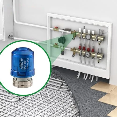 แอคชูเอเตอร์ไฟฟ้า AC230V สำหรับระบบทำความร้อนใต้พื้น พร้อมน็อตยึด M30x1.5 เทคโนโลยีการขยายตัวด้วยความร้อน และระบบสปริงคืนตัว 1